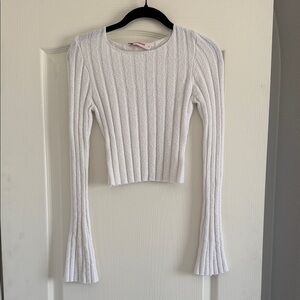 Women's White Ribbed Long-Sleeve Crop Top with Flared Cuffs